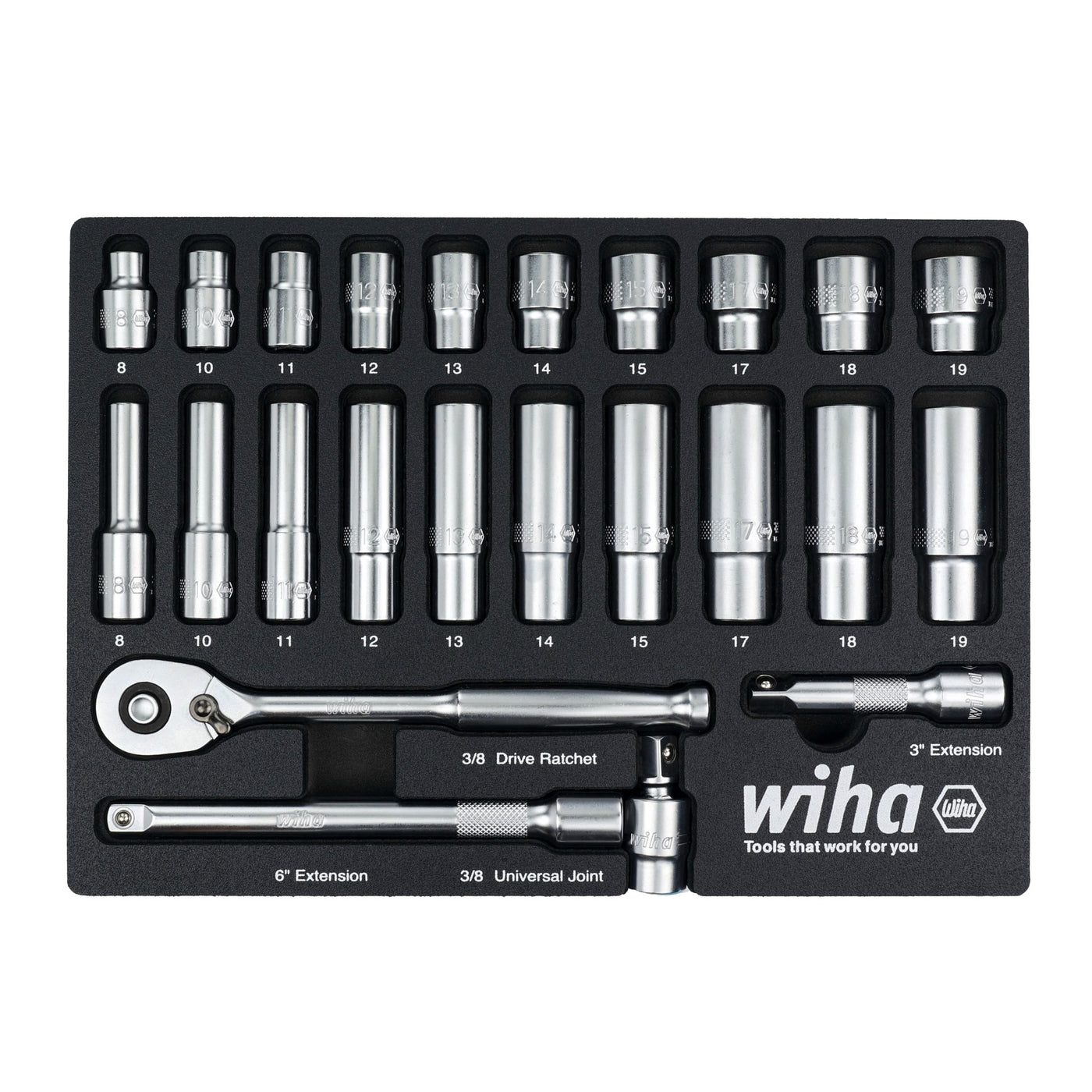 Wiha 33795 24 Piece 3/8" Drive Professional Standard and Deep Socket Tray Set - Metric