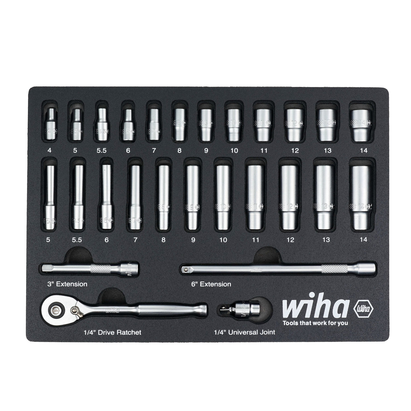 Wiha 33395 27 Piece 1/4" Drive Professional Standard and Deep Socket Tray Set - Metric